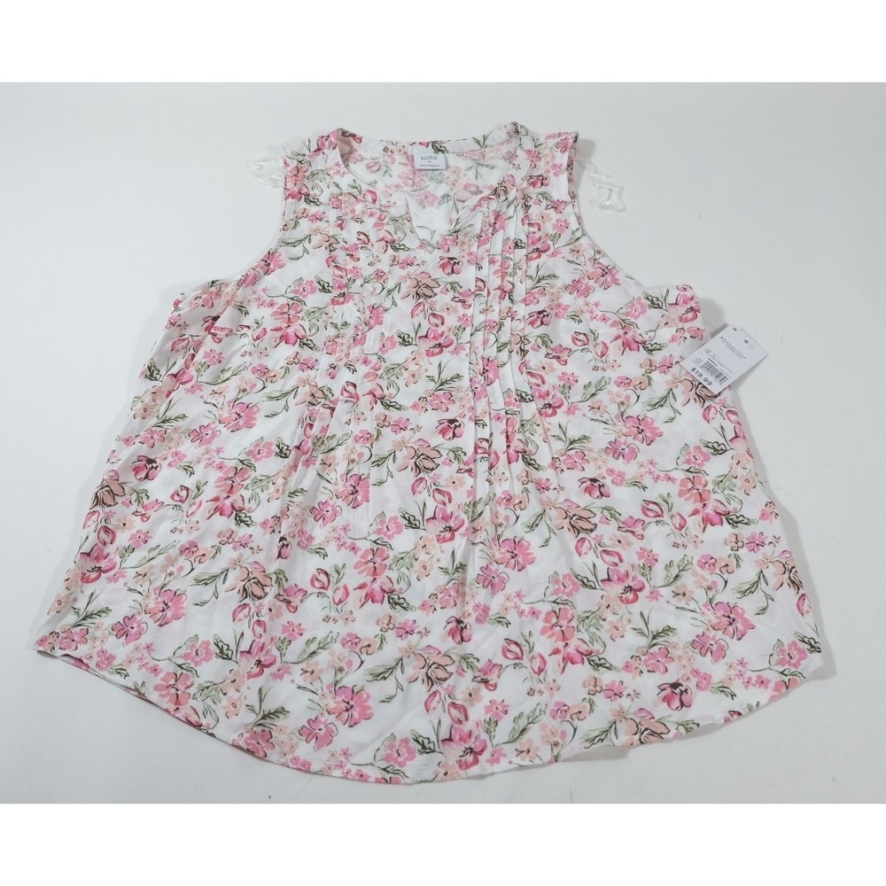 Croft & Barrow Tank Top Women M White Pink Floral Pintuck V-Neck Rayon Blouse